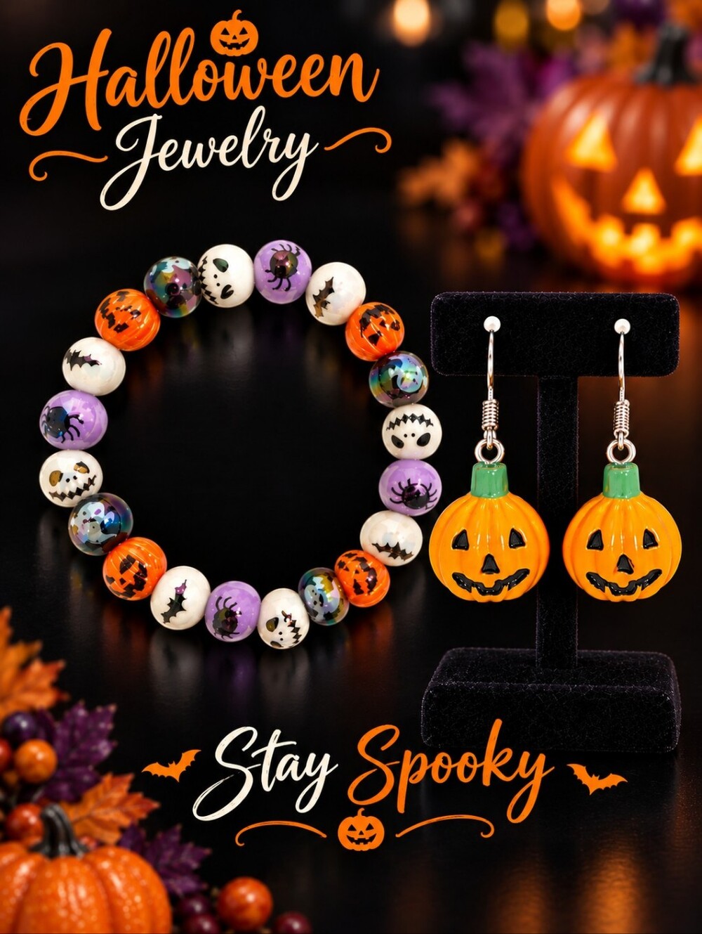 🎃 Halloween Jewelry Set- Bracelet & Earrings- Orange White Purple Black